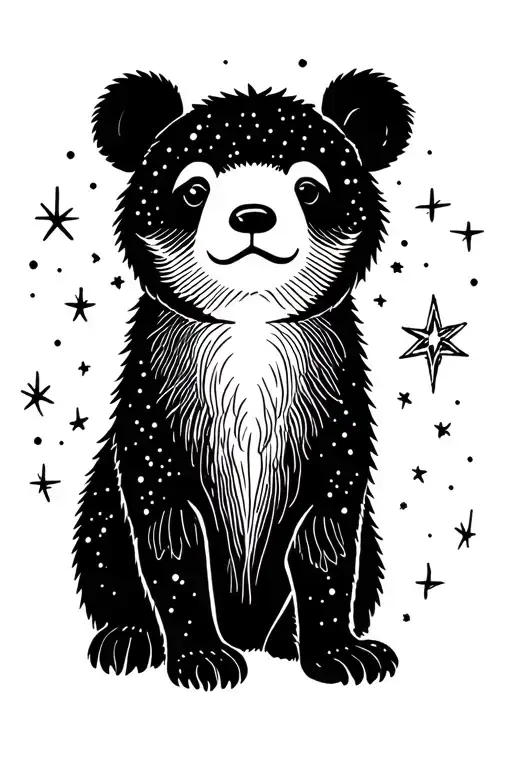 cute bear cub and north star tattoo design idea