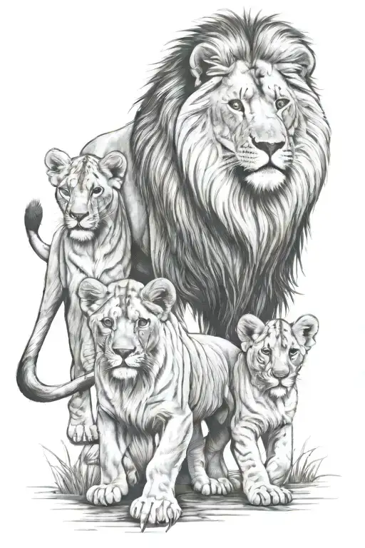 lion with 3 cubs walking tattoo design idea