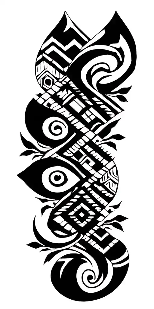Incorporate Nepali Dhaka patterns into a tribal sleeve design with mountain elements tattoo design idea