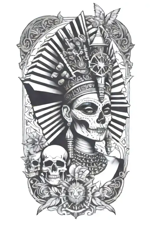  egyption goddess, skull background, pyramid, all seeing eye tattoo design idea