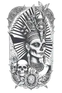  egyption goddess, skull background, pyramid, all seeing eye tattoo design idea