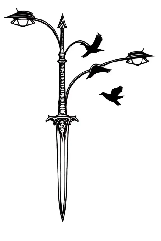 arrow, bear, sword, four birds, street light lamp tattoo design idea