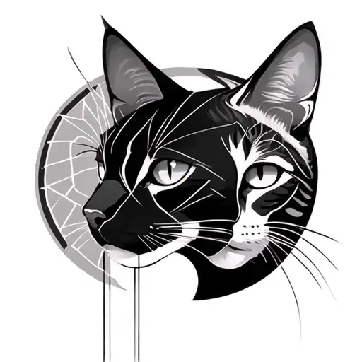 Three cat heads, simple, not too complicated. Two dark, one light. Around geometric shapes, circles, lines.  tattoo design idea