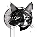Three cat heads, simple, not too complicated. Two dark, one light. Around geometric shapes, circles, lines.  tattoo design idea
