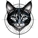 Three cat heads, simple, not too complicated. Two dark, one light. Around geometric shapes, circles, lines.  tattoo design idea