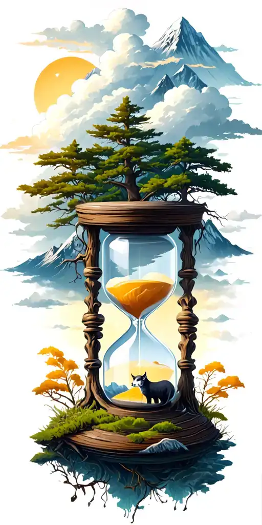 mountains, clouds, animals, hourglass , tree tattoo design idea