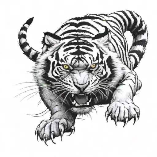 Japanese style crouching tiger in black ink, realistic tattoo design idea