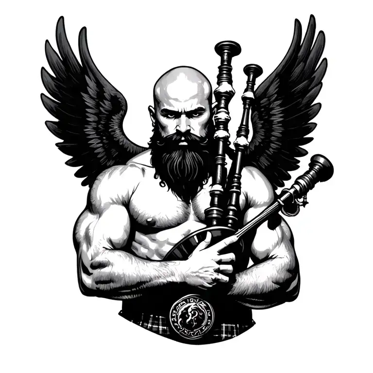 scottish bagpiper bald black beard muscular wearing glengarry pipes in arm big black wings shirtless tattoo tattoo design idea