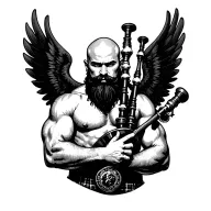 scottish bagpiper bald black beard muscular wearing glengarry pipes in arm big black wings shirtless tattoo tattoo design idea
