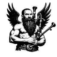 scottish bagpiper bald black beard muscular wearing glengarry pipes in arm big black wings shirtless tattoo tattoo design idea