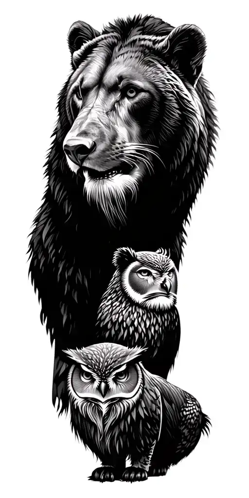 forest with a bear lion cougar and owl tattoo design idea