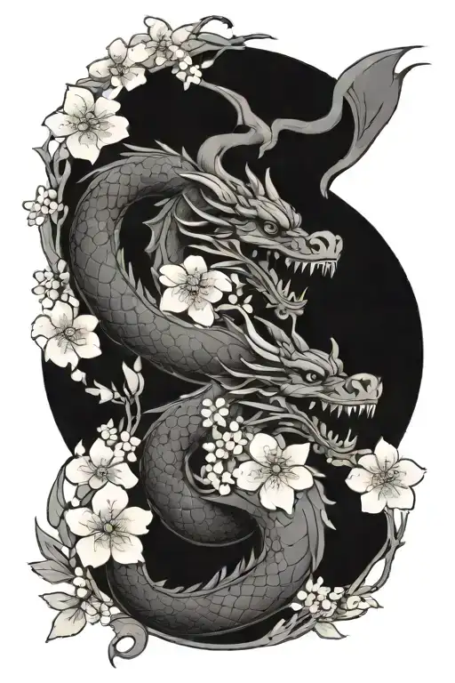 black and gray dragon with cherry blossoms tattoo design idea
