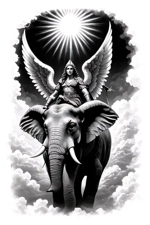 a warrior angel riding an elephant in the clouds with light rays coming from the top of the tattoo. Realistic looking tattoo design idea