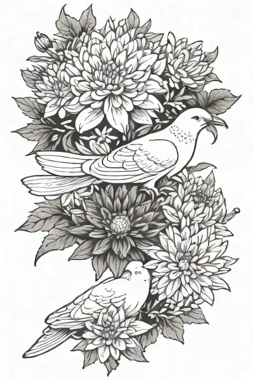 chrysanthemum and aster flowers with dove tattoo design idea