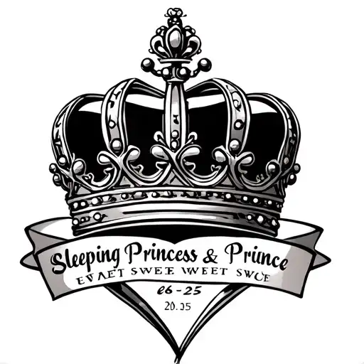Crown with the words sleeping princess and sweet prince looped around the crown in a heart shape with the date 26-05-25 tattoo design idea