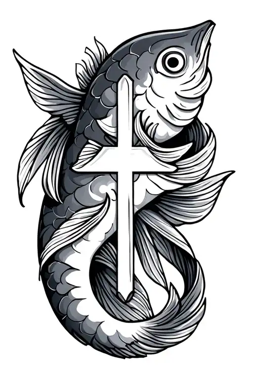 cross with Christian fish symbol intertwined tattoo design idea