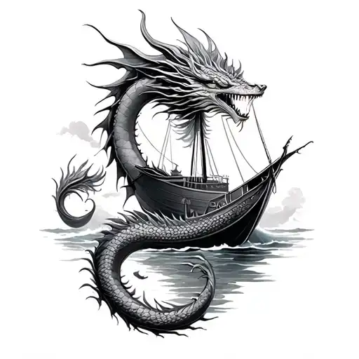 boat and sea dragon intertwined tattoo design idea