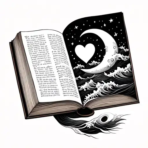 open book with waves in shape of a heart and a crescent moon tattoo design idea