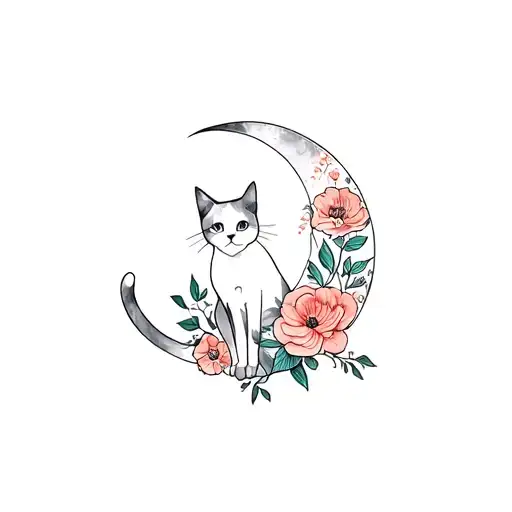 Cat, flowers, moon for back tattoo design idea