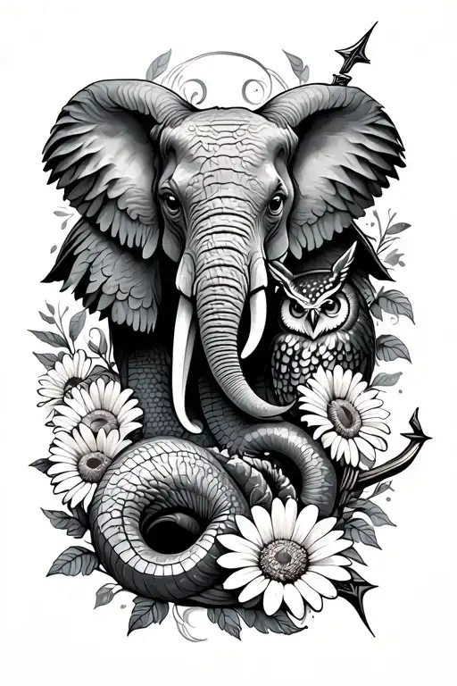tattoo that creatively incorporates an elephant, owl, moray eel, daisies, and a bow and arrow tattoo design idea