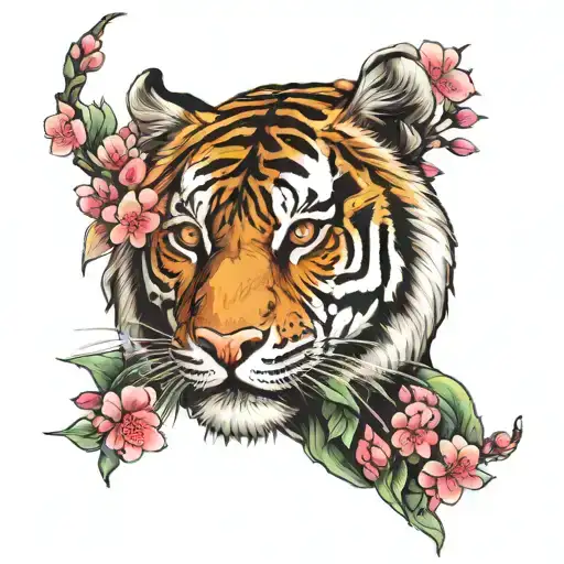 Moon cherry blossom tiger tribal tattoo design idea