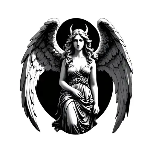 angel woman  statue with devil wings tattoo design idea
