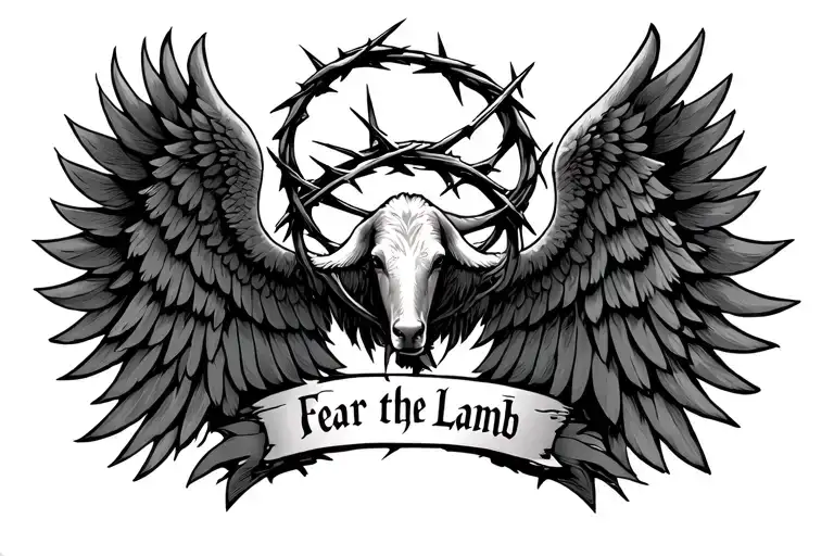 angle wings with a crown of thorns in the middle with the words fear the lamb under it  tattoo design idea