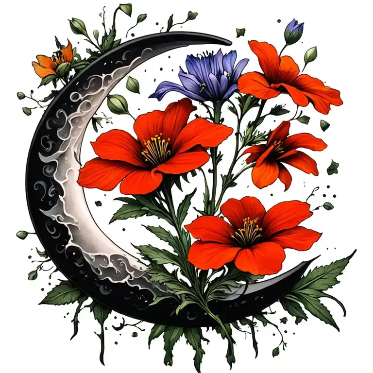 evening primrose, campanula, and balsam in the shape of a crescent moon tattoo design idea