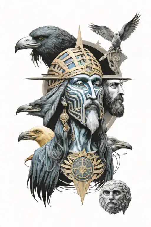 Thoth in the back looking left Hermes onthe right looking right and Jesus Christ in the middle looking up tattoo design idea