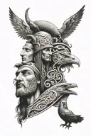 Thoth in the back looking left Hermes onthe right looking right and Jesus Christ in the middle looking up tattoo design idea