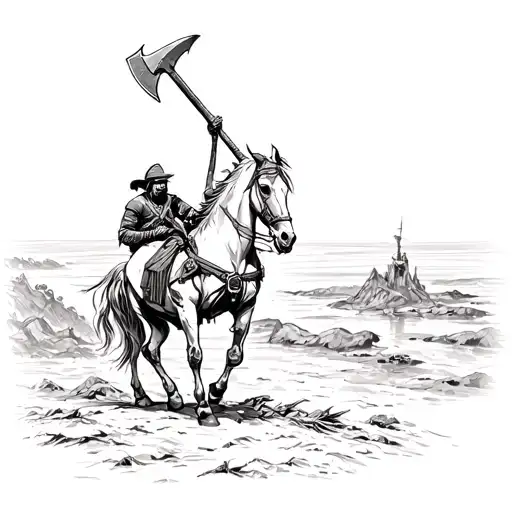 Horse with an African guerro with an ax at a crossroads of 4 with the sea in the background and a river next tattoo design idea