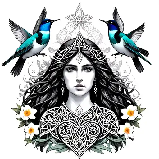 Celtic Goddess, Rhiannon. Surrounded by flying songbirds at the bottom, gates and daffodils tattoo design idea