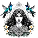 Celtic Goddess, Rhiannon. Surrounded by flying songbirds at the bottom, gates and daffodils tattoo design idea