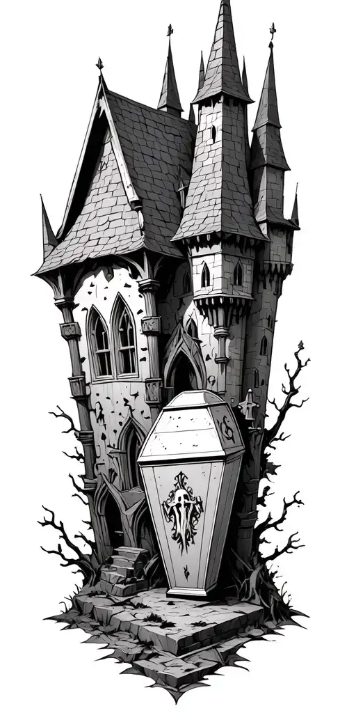 gothic castle with a graveyard and coffin adorned with intricate tattoo design idea