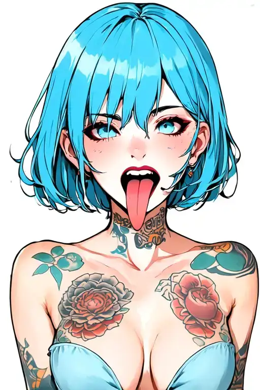 Clean, hentail, nude, bdsm, stick out the tongue, nymphomaniac face, young, sexy front position, hide boobs, blue hair tattoo design idea