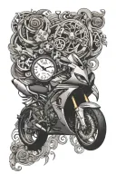 An intricate tattoo design combining elements of your favorite things - a Yamaha R6 motorcycle, gym equipment, and gambling symbols, to represent the different facets of your life and interests tattoo design idea