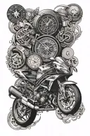 An intricate tattoo design combining elements of your favorite things - a Yamaha R6 motorcycle, gym equipment, and gambling symbols, to represent the different facets of your life and interests tattoo design idea