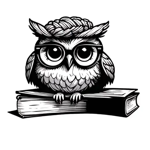 cute owl wearing glasses, knitting perched on books tattoo design idea