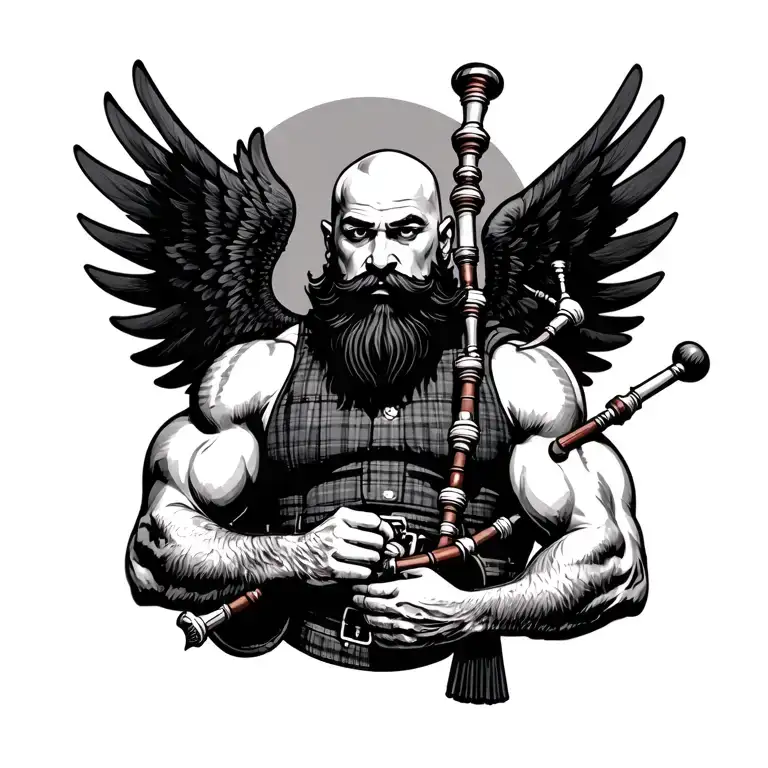 scottish bagpiper bald black beard muscular wearing glengarry pipes in arm big black wings tattoo design idea