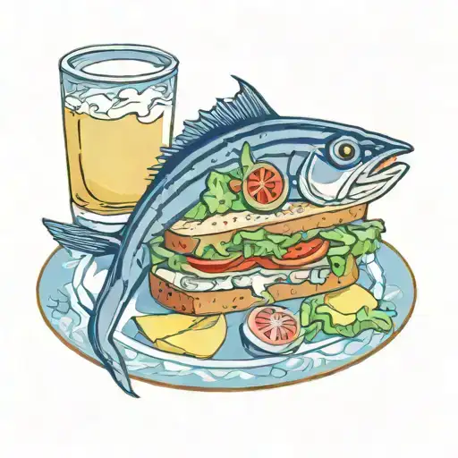 Tuna salad sandwich with lettuce, tomato, and cumber. On grilled sourdough bread. On a blue and white china plate tattoo design idea