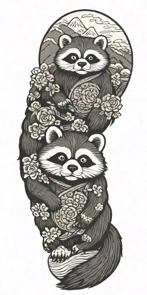 tanuki statue with mountain tattoo design idea