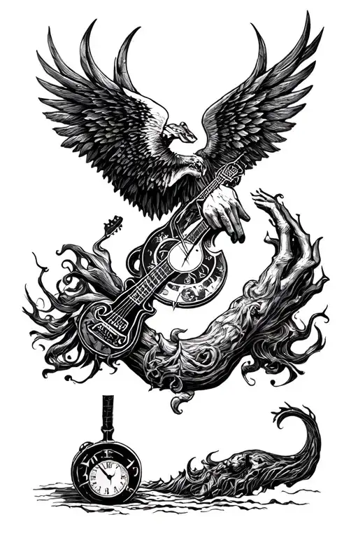 time and slavery and music and heaven vs hell tattoo design idea