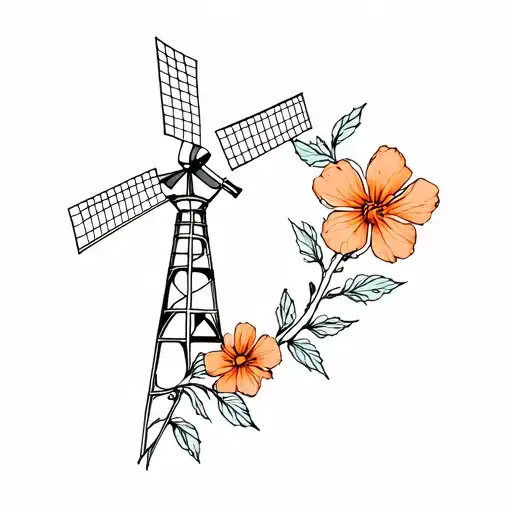 orange blossoms with a windmill tattoo design idea
