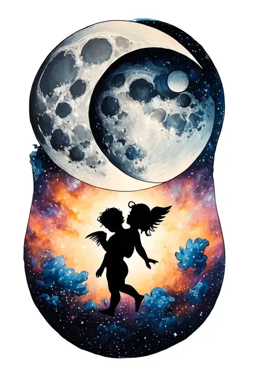 waxing gibbous moon phase with tiny cherub baby silhouette in the galaxy tattoo design idea
