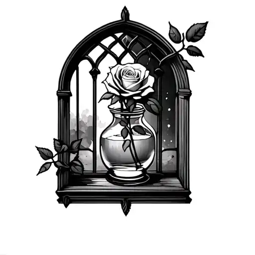  patchwork style of a ROSE IN A JAR THROUGH A GOTHIC ARCHWAY window tattoo design idea
