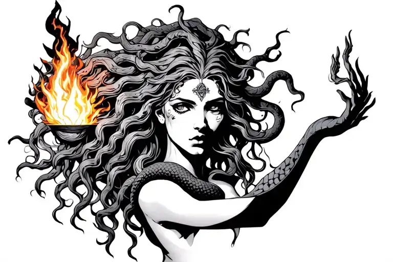 Medusa holding a flame that illuminates her face and snake hair. give her armor. tattoo design idea