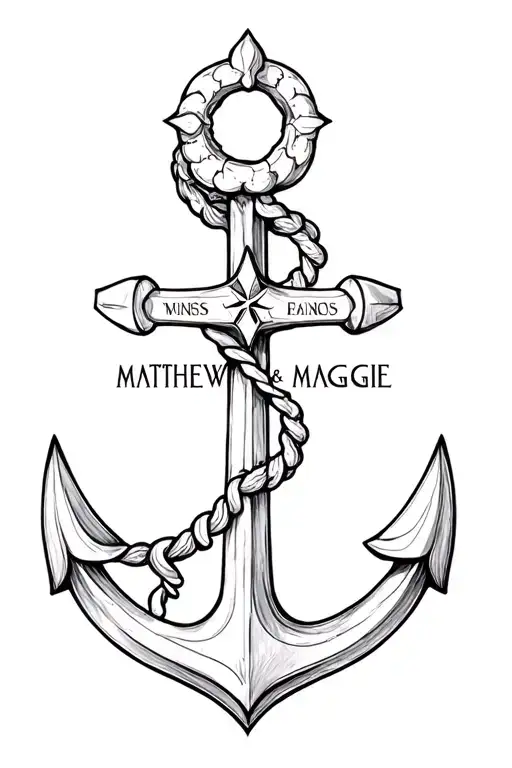 anchor with fluer de lis as stem, names matthew & maggie as the bottom, compass rose on top.  Incorporating fire & path  tattoo design idea