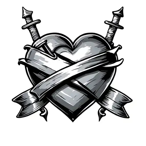 traditional stabbed heart with 3 banners wrapped tattoo design idea