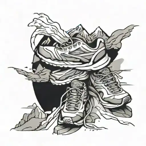 An abstract black-grey tattoo of running shoes on a mountain trail tattoo design idea