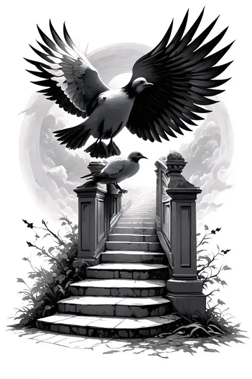 doves and stairway to heaven gates with minimal detail tattoo design idea